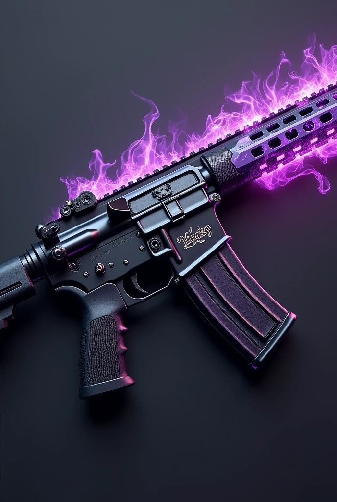 Here is a detailed description of creating a realistic M4A1 image with a custom design.:
---
**Image Description:**
The image shows a realistic M4A1 with a modern and robust design., displaying a matte black finish, which gives a sleek and stealthy appearance. the name "Lucky" is engraved along the body of the weapon, located near the buttstock or magazine. The inscription "Lucky" is highlighted in an elegant and eye-catching font, shining in a metallic tone, like gold or silver, to contrast with the dark background of the weapon.
To add a single touch, purple fire effects run down the barrel and body of the gun, manifesting as stylized flames or sparks of energy. These effects have an ethereal and vibrant appearance., with shadows and reflections that suggest movement and power, creating a dynamic look. The purple flames look almost supernatural, adding an air of mystery and power to the M4A1's design.
--- This description captures the essence of a modern, custom M4A1 design, with stunning visual elements that highlight the weapon.