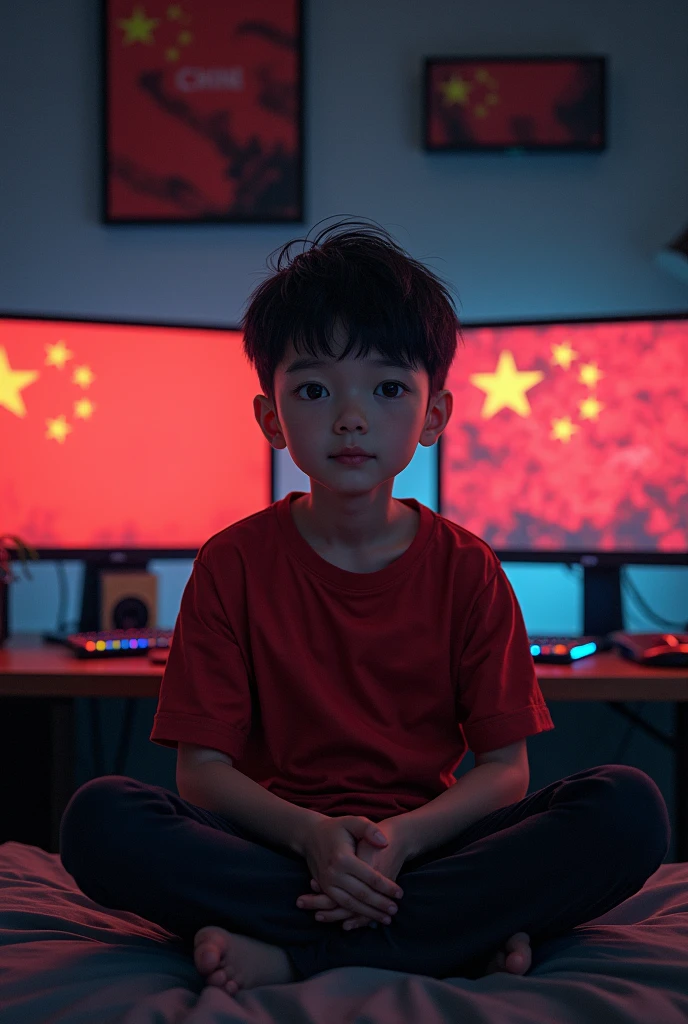 (work of art, best qualityer:1.4), (comely, aesthetics, perfect, dainty, intrikate:1.2),(best qualityer), (detailded),(A high resolution:1.2), bedroom with LED GAMER, Young boy, Asian, Red shirt, black pants, copo, Bend, frontal view of the character, computador com imagens da flag of china, flag of china, traços Asians, dark surroundings, few lights, two monitors on the table