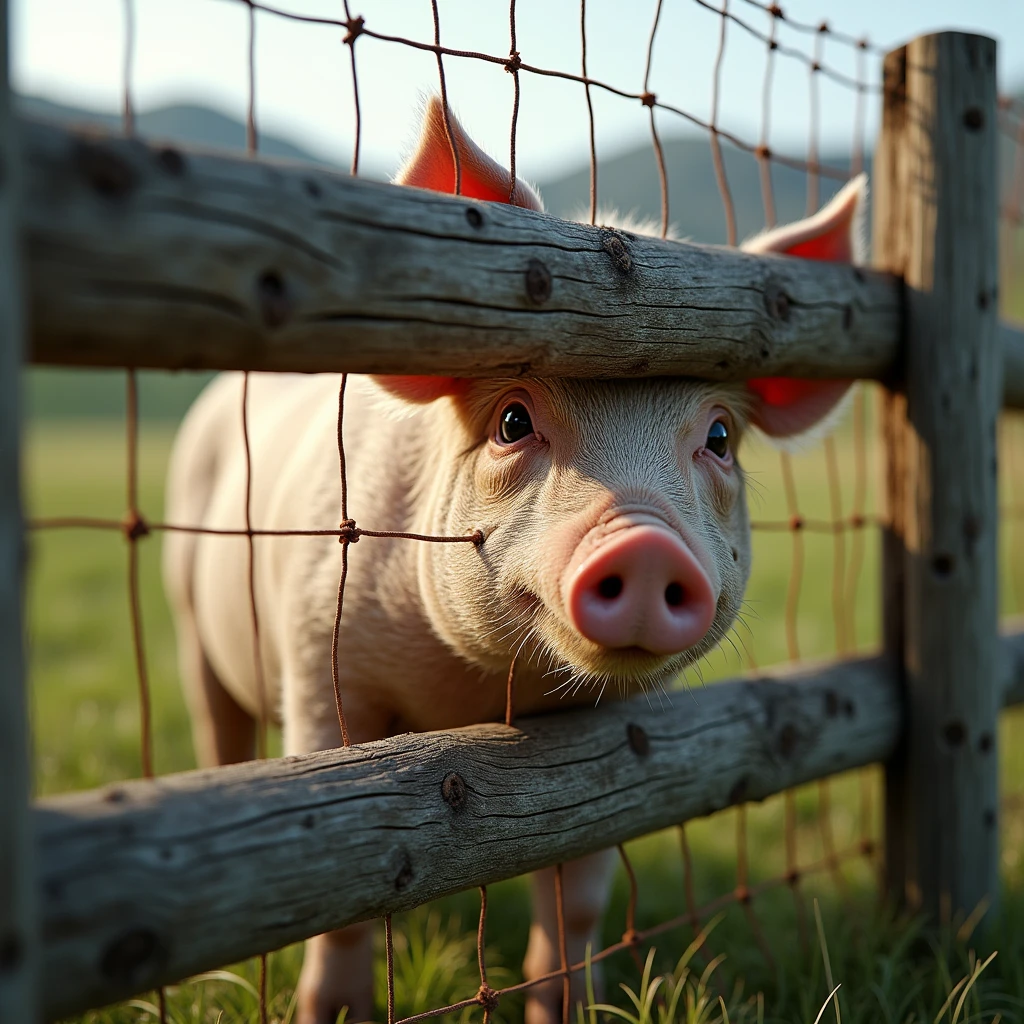 a hog fence with a pig behind the fence, ultra realistic, 32k,