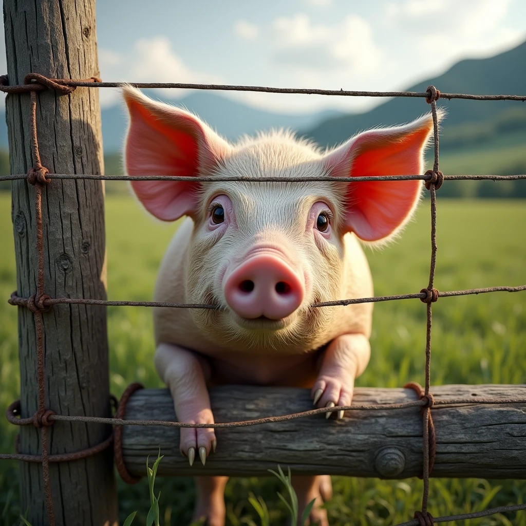 a hog fence with a pig behind the fence, ultra realistic, 32k, 