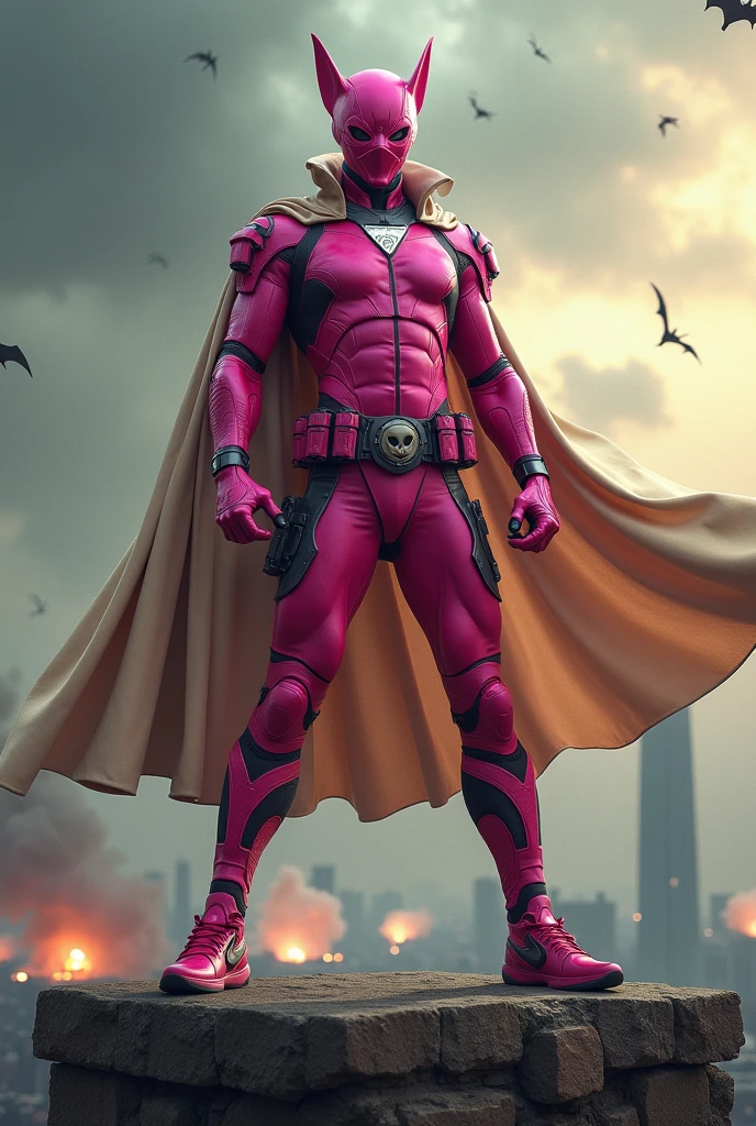 high-tech suit, vivid effects, malaysian superhero (KELUANG MAN) in a striking pink and beige costume cyberpunk design, mask small mini bat ear beige, daredevil biage mask, jumpsuit dark pink stands confidently in a dramatic.jumping from high place. Fighting pose , stormy landscape. ((Head covered node guard like batman , athletic body type, small mini ear bat mask))The character wears domino mask a helmet with pointed mini torn ears and a flowing cape biege, open nose and mouth. Equipped with visible futuristic weapons on a belt,bullet proof jacket pink dark day, dark night, big supermoon effect . Sma.logo on chest triangle shape small punisher logo center triangle cyber logo center on chest pink logo mini logo . rocky. Building top.smoke ground , bomb effect background, adding to --ar 3:4 --style raw --stylize 500 --v 6.1. chaos. Lot of small flying bat .