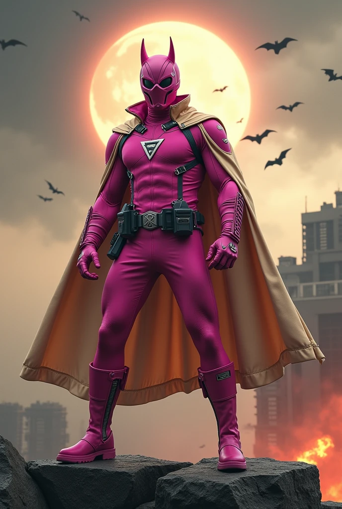 high-tech suit, vivid effects, malaysian superhero (KELUANG MAN) in a striking pink and beige costume cyberpunk design, mask small mini bat ear beige, daredevil biage mask, jumpsuit dark pink stands confidently in a dramatic.jumping from high place. Fighting pose , stormy landscape. ((Head covered node guard like batman , athletic body type, small mini ear bat mask))The character wears domino mask a helmet with pointed mini torn ears and a flowing cape biege, open nose and mouth. Equipped with visible futuristic weapons on a belt,bullet proof jacket pink dark day, dark night, big supermoon effect . Sma.logo on chest triangle shape small punisher logo center triangle cyber logo center on chest pink logo mini logo . rocky. Building top.smoke ground , bomb effect background, adding to --ar 3:4 --style raw --stylize 500 --v 6.1. chaos. Lot of small flying bat .