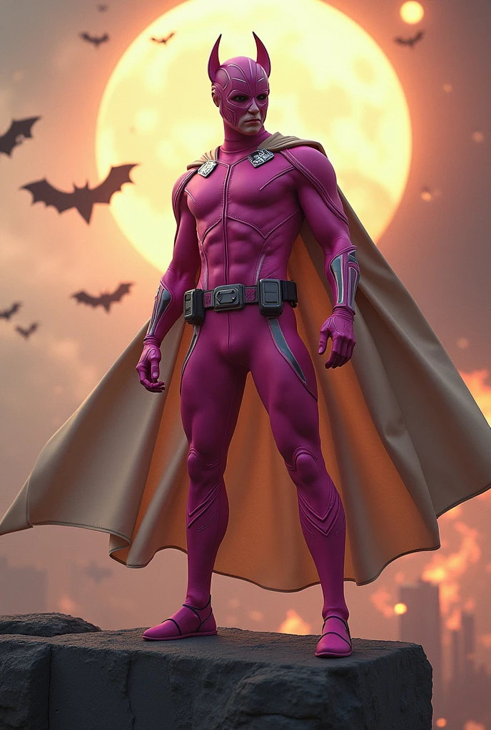 high-tech suit, vivid effects, malaysian superhero (KELUANG MAN) in a striking pink and beige costume cyberpunk design, mask small mini bat ear beige, daredevil biage mask, jumpsuit dark pink stands confidently in a dramatic.jumping from high place. Fighting pose , stormy landscape. ((Head covered node guard like batman , athletic body type, small mini ear bat mask))The character wears domino mask a helmet with pointed mini torn ears and a flowing cape biege, open nose and mouth. Equipped with visible futuristic weapons on a belt,bullet proof jacket pink dark day, dark night, big supermoon effect . Sma.logo on chest triangle shape small punisher logo center triangle cyber logo center on chest pink logo mini logo . rocky. Building top.smoke ground , bomb effect background, adding to --ar 3:4 --style raw --stylize 500 --v 6.1. chaos. Lot of small flying bat .