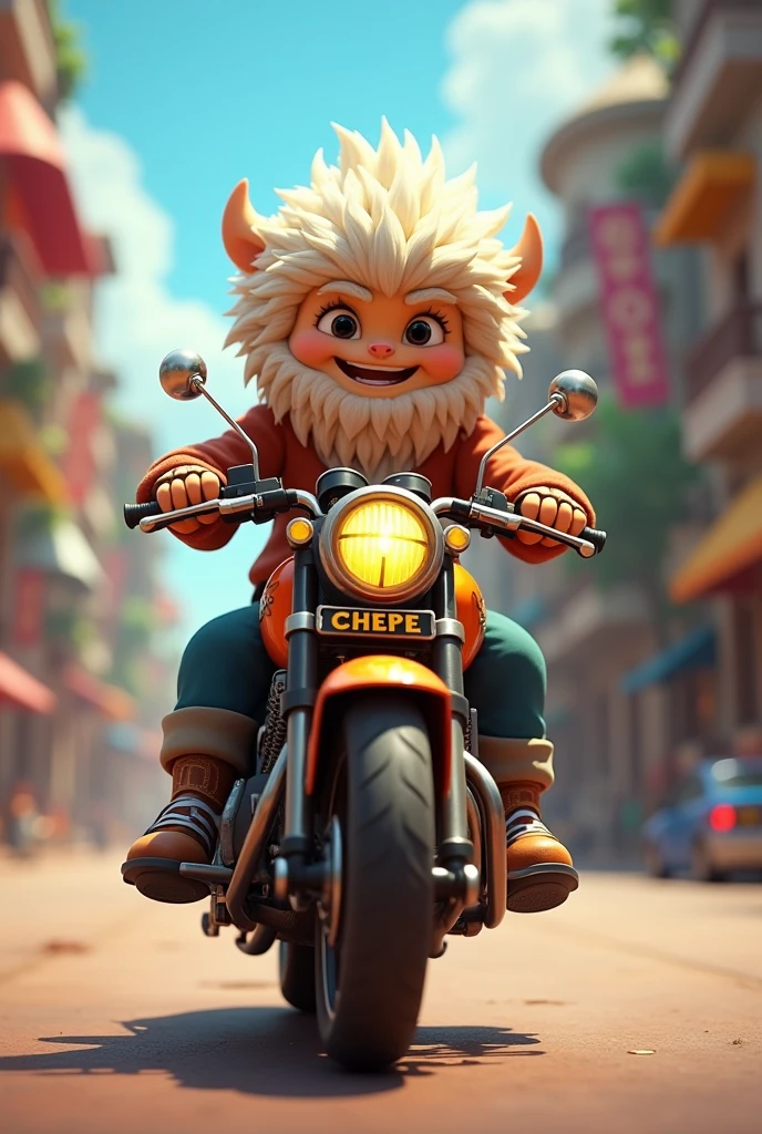 Animated motorcycle with license plates that say Chepe and a Yeti helmet
