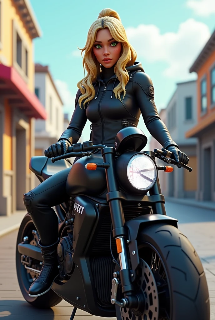 Middle-aged woman with green eyes, Blonde hair color with black highlights, dressed as the avatar of singer Karol G in Fortnite, being believed and posing next to her black racing bike