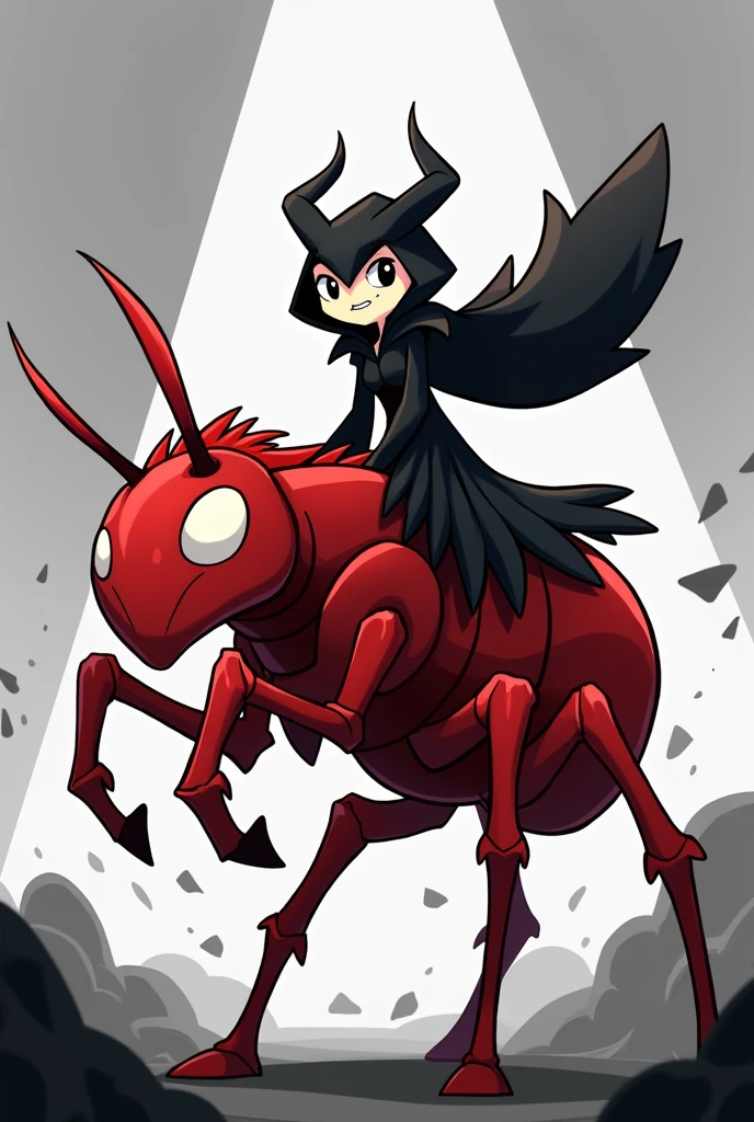 Mortis brawl star character on top of a red ant, riding her like a horse. animated cartoon, to black and white, Simple.