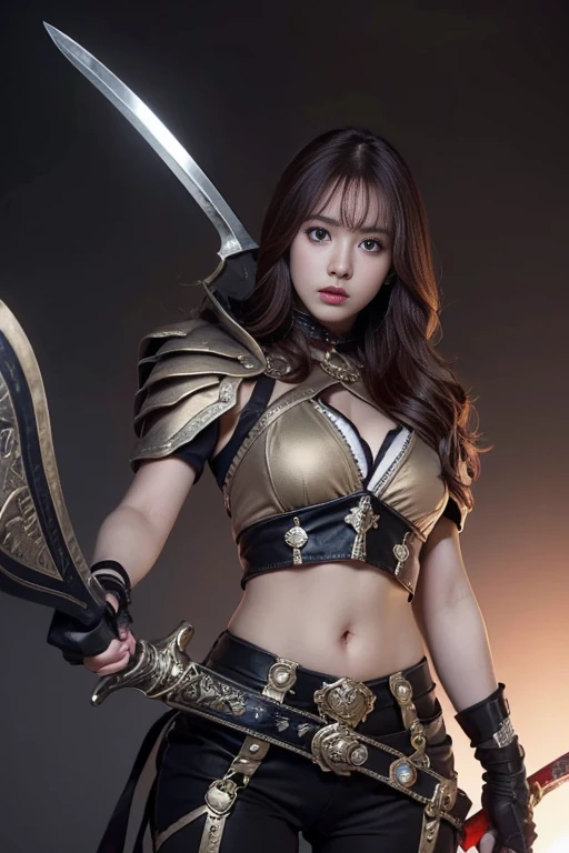 Theme MMORPG game style Image of a bronze-haired girl standing holding her favorite sword. The theme color is pastel and the image tone is dramatic. The highest resolution masterpiece , Surrealistic ,