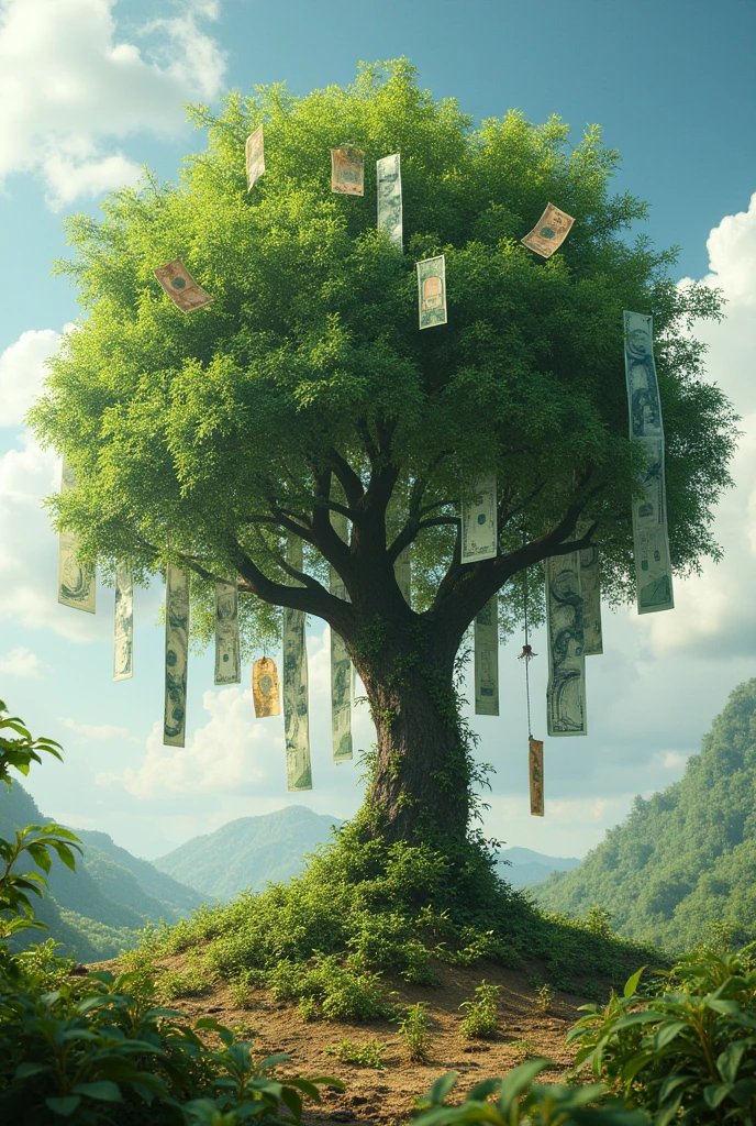 create an image of real money hanging on a tree