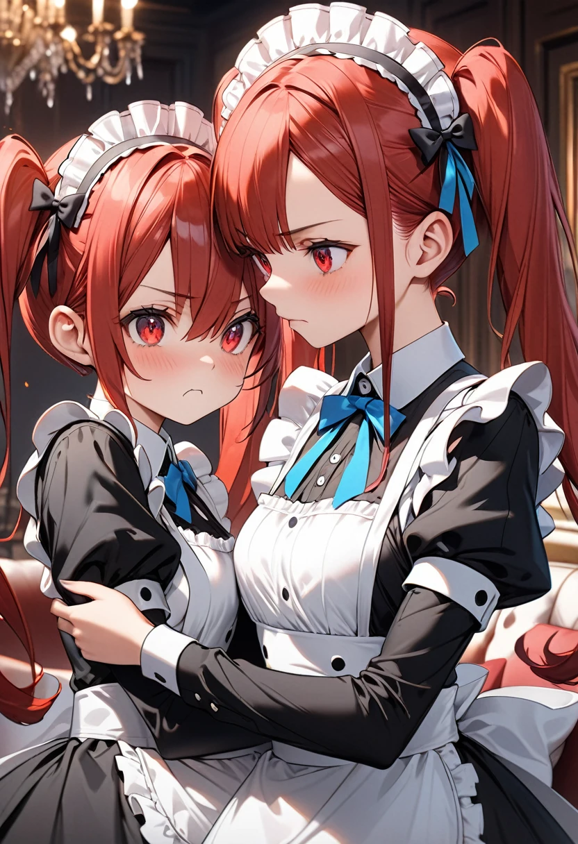 A cute maid and a cute mini character are arguing with each other in front of a sofa in a luxurious mansion.、Both of them have red hair in twin tails.、Cute red eyes、Wearing a robot-like barrette。Cute maid hair accessory、She is wearing a gorgeous maid outfit with cute frills.。The two of them stand facing each other in front of the sofa、Both of them have cute angry faces、There is a blue beam effect running between their eyes、Accurate anatomical depiction of the human body、High quality, high precision images、Masterpiece、Best Quality、4K、8k、Ultra Detail、Ultra-fine painting、Cinema Lighting、Vivid Color、