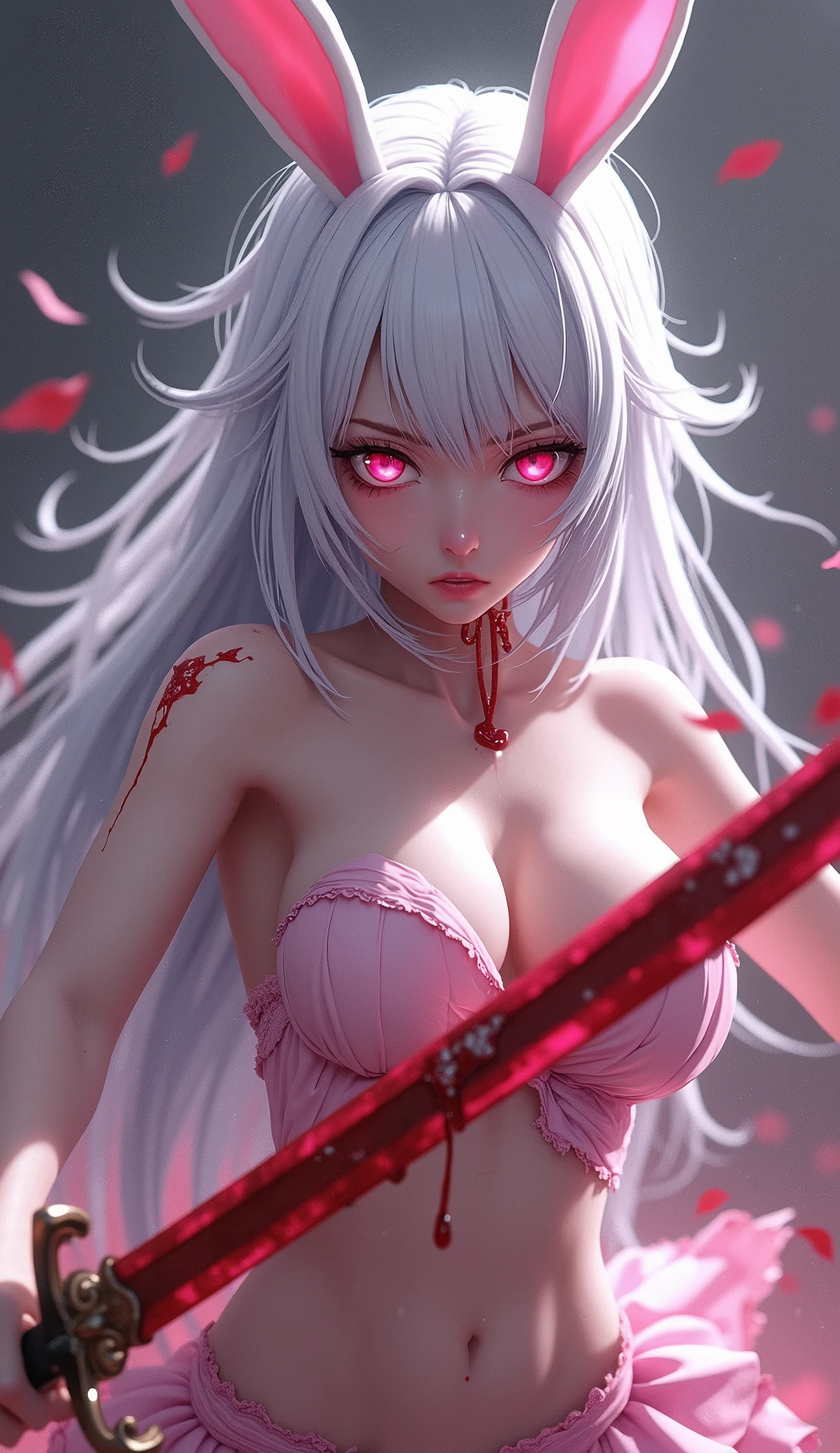 anime girl, white hair, white bunny ears, pink eyes, and pink fighting with a pink sword and angry all covered in blood, ((topless)), ((nude)), ((nipples)), (((enormous breasts))), high quality, (RAW photo, best quality), (realistic, photorealistic: 1.4), (extremely delicate and beautiful: 1.4), amazing, fine details, masterpiece, ultra detailed, high resolution, best illustration, best shadow, intricate, ( extremely intricate: 1.2), (exquisitely detailed skin), cinematic light, perfect anatomy, (cool color: 1.4), sharp focus, 8k UHD, DSLR, (Fujifilm XT3),Epic Fantasy Art Style HD, 4K fantasy art, epic fantasy digital art style, epic fantasy art style, Fantasy Woman, epic fantasy art portrait, Epic fantasy style, hyperrealistic fantasy art, hd fantasy art, Epic fantasy character art, epic fantasy art, in style of dark fantasy art, epic fantasy digital art, blood dripping from eyes, sexy, ecstasy, voluptuous, 
  