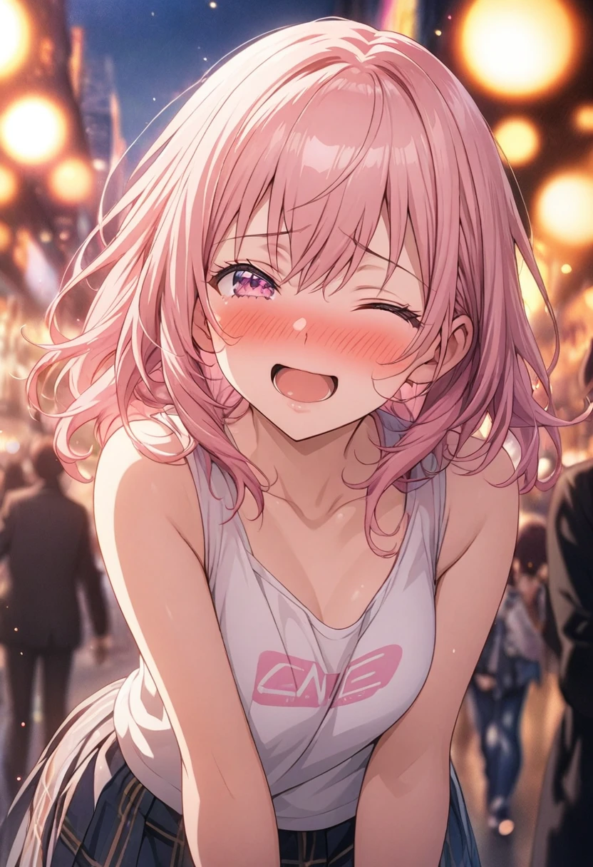 masterpiece, Highest quality, Highly detailed CG Unity 8K wallpapers, High School Girl Anime Illustration, Red and black checked skirt, An oversized tank top that reaches up to the knees、piece sign、she has her eyes closed and mouth open, smile. The background is a realistic city, Pink Hair Color, Pink Eyes, Pink eyelashes, Cowboy Shot, morning, bokeh photography, (soft focus):1.2, out-of-focus highlights, dreamy ambiance, glowing circles, mesmerizing depth、(embarrassed,blush:1.3)、 nose blush