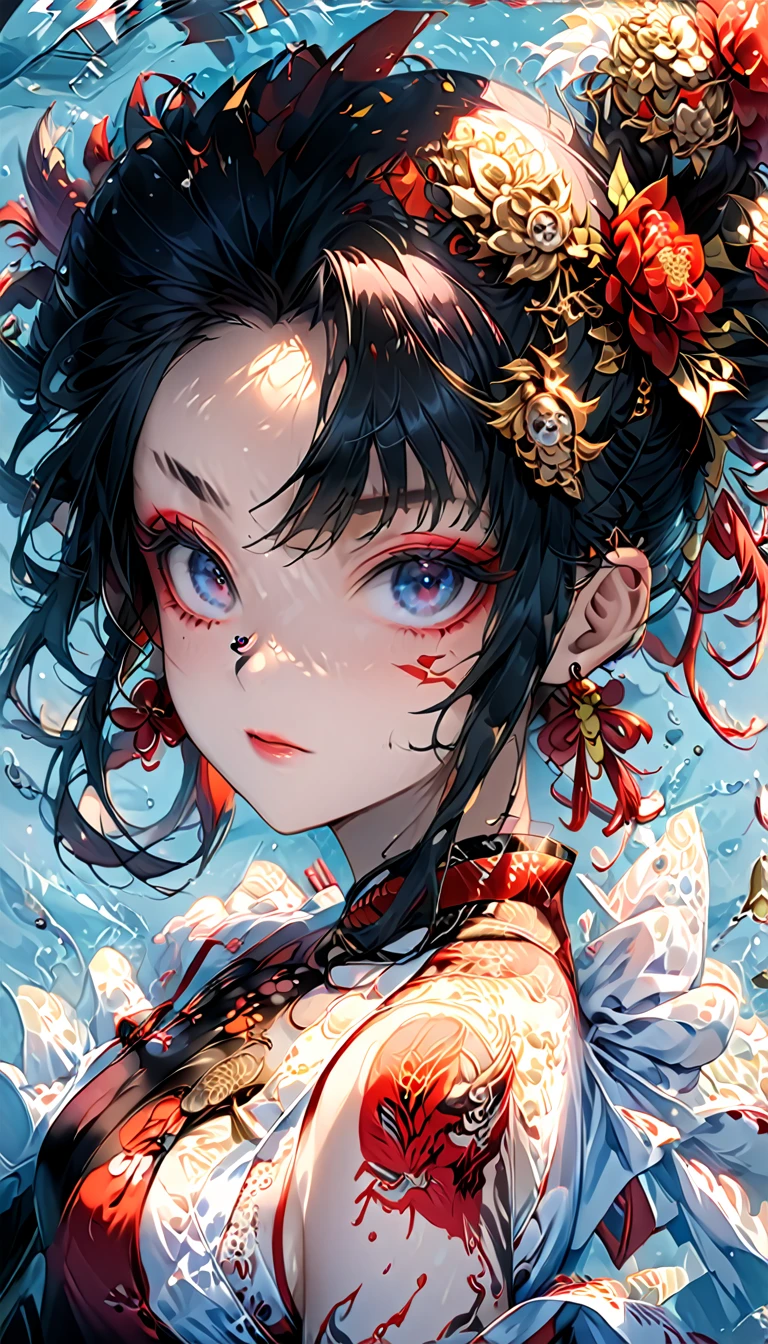 Ink painting, (((1 girl )), (((Tattoo in the middle of the forehead))), (((Oiran))), (((Great hair accessories))), Demon possession, ((Eye patch over:1.3)), (((Masterpiece、Highest image quality、Highest quality、Extremely detailed unit 8kWall paper))), ((Illustration of one girl、Upper body covered))、(((beautiful girl))), girl swimming underwater, Very detailed presentation style, It shines, Red Rose, light blue, brushwork, Ultra Realistic Oil Painting, Bright eyes, Head up close, Exaggerated perspective, Tyndall effect, drop of water, rainbow pearl, 3d white, black background,