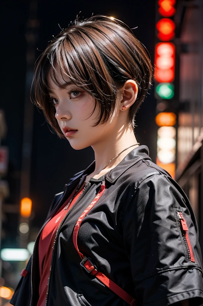 (front view:1.4), close-up portrait, (1boy:1.5), 2, solo, Black shirt, red tie, bangs, brown(short hair neatly:1.2),_background, The atmosphere of the bright city at night, purple neon light, zipper, urban techwear, outfit,