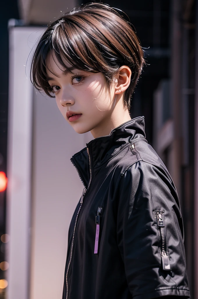 (front view:1.4), close-up portrait, (1boy:1.5), 2, solo, Black shirt, red tie, bangs, brown(short hair neatly:1.2),_background, The atmosphere of the bright city at night, purple neon light, zipper, urban techwear, outfit, 