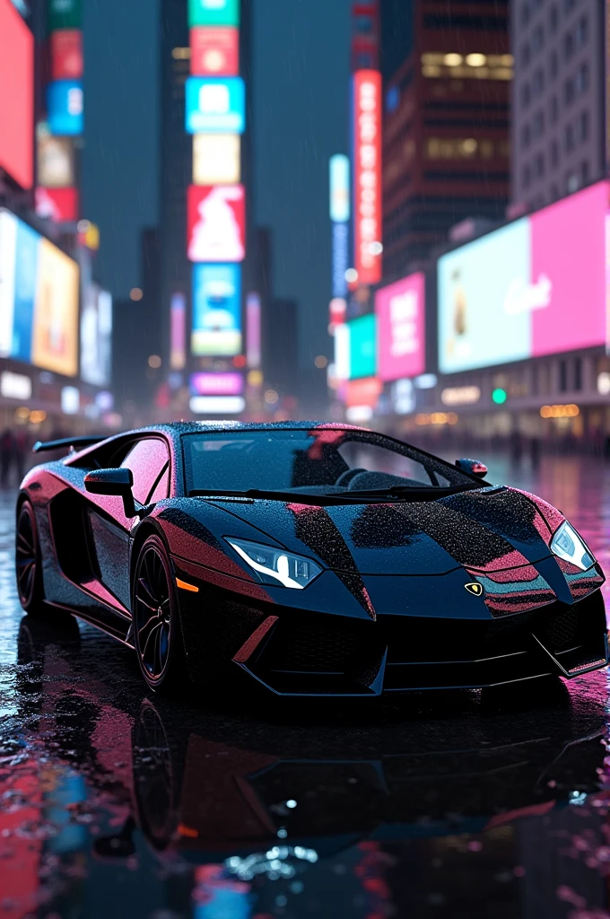 Lamborghini in black at night at Time Square with neon lights in rain