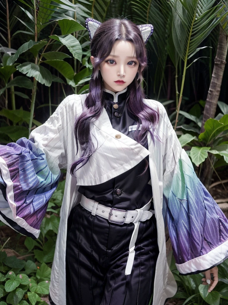 masterpiece, Highest quality, High resolution, One person, alone, kochou shinobu, Butterfly Hair Ornament, Purple eyes, Multicolored Hair, short hair, Parted bangs, Haori, Wide sleeves, Long sleeve, Black trousers, Black jacket, belt, Cowboy Shot, Have a weapon, sword