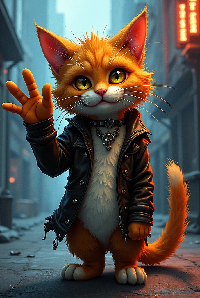 Create a cat with an aggressive attitude, rock n roll and waving goodbye