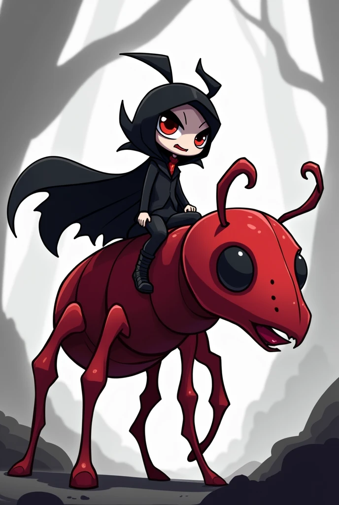 Mortis brawl star character on top of a red ant, riding her like a horse. animated cartoon, to black and white, Simple.
