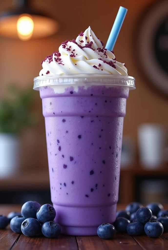 Creat a poster for a coffee shop of a blueberry frappe with tempting look and look very delicious and the frappe in plastic milkshake cup