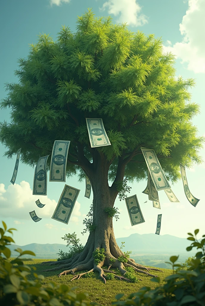 create an image of real money hanging on a tree 