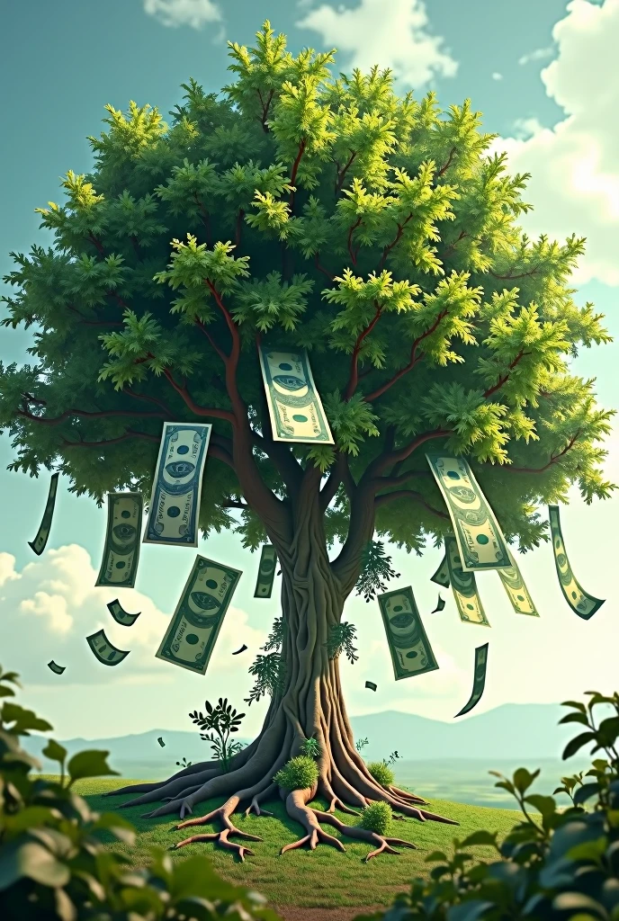 create an image of real money hanging on a tree 