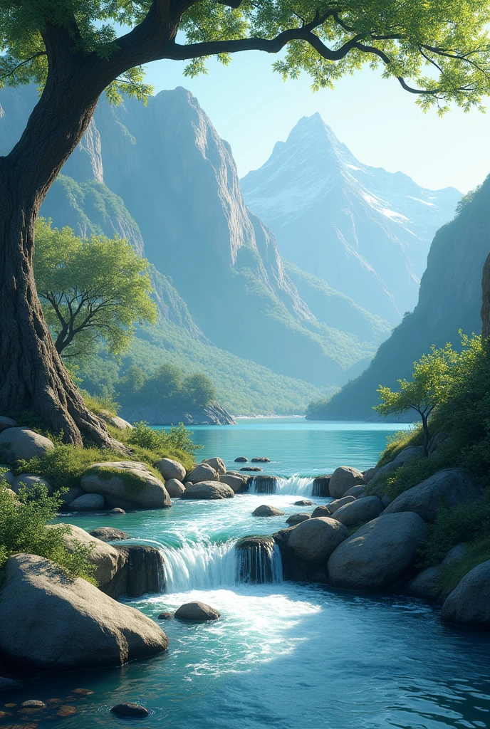  under the tree and flow of water inside the beauty of mountain 