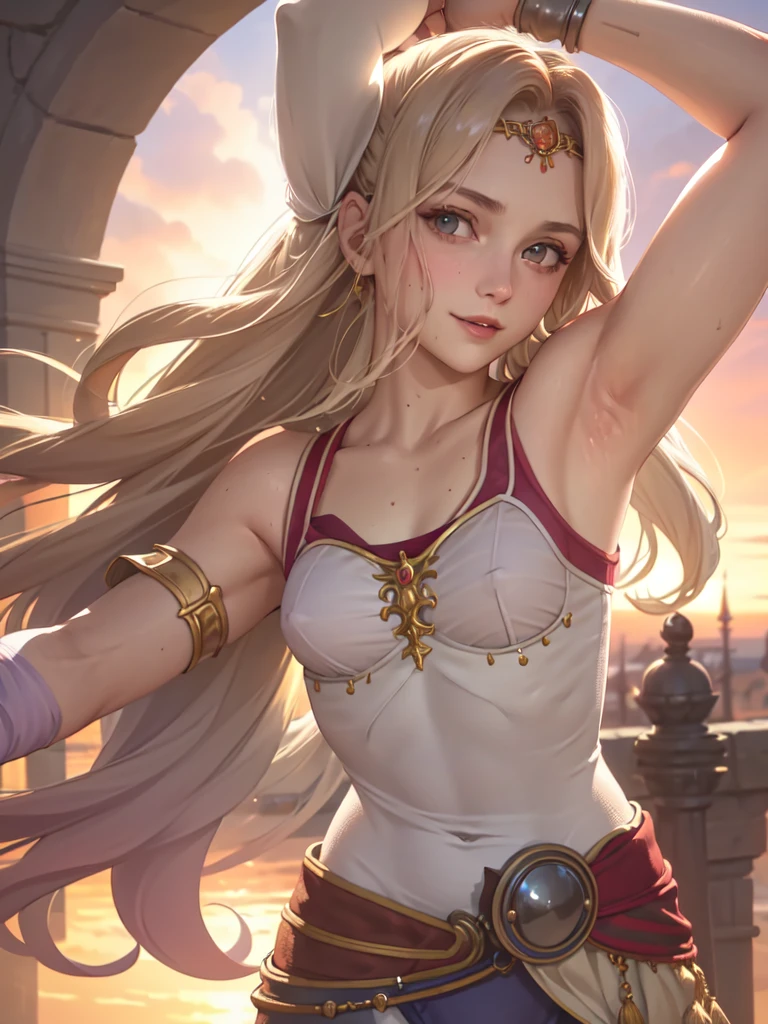 Armpit Show,masterpiece, Highest quality, Rosafarell, Pauldrons, Circlet, camisole, Elbow hand pockets, Waist clothes, Upper Body, View your viewers, smile, Medieval architecture, null, sunset