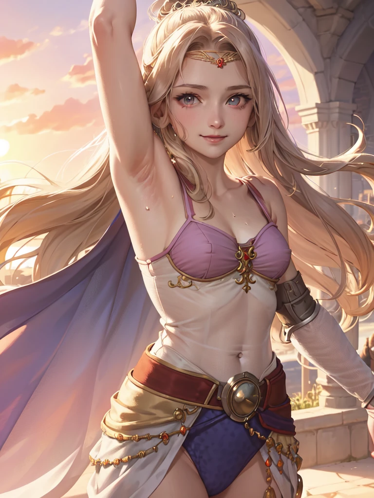 Armpit Show,masterpiece, Highest quality, Rosafarell, Pauldrons, Circlet, camisole, Elbow hand pockets, Waist clothes, Upper Body, View your viewers, smile, Medieval architecture, null, sunset, sweaty, armpits, close up armpits