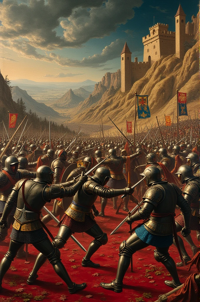 a medieval painting of a battlefield at war, edieval art
