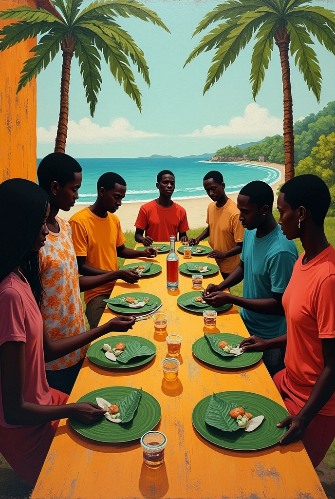 Emphasize on no more plastic in a simple patchwork painting where people are eating in palm leaves from a perspective angle