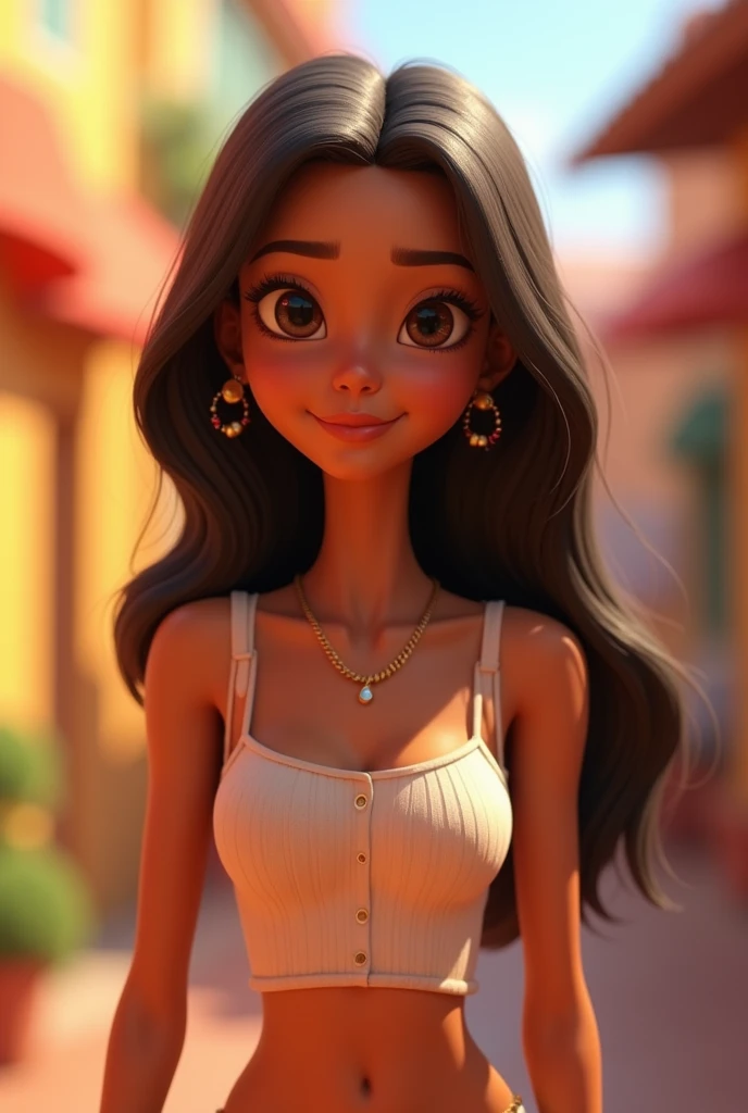 Create a Pixar-style character with long, straight hair ,light brown skin woman, Emma Watson face, small breasts with tank top