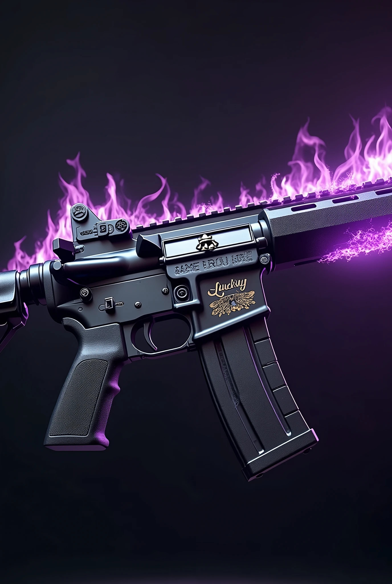 Here is a detailed description of creating a realistic M4A1 image with a custom design.:
---
**Image Description:**
The image shows a realistic M4A1 with a modern and robust design., displaying a matte black finish, which gives a sleek and stealthy appearance. the name "Lucky" is engraved along the body of the weapon, located near the buttstock or magazine. The inscription "Lucky" is highlighted in an elegant and eye-catching font, shining in a metallic tone, like gold or silver, to contrast with the dark background of the weapon.
To add a single touch, purple fire effects run down the barrel and body of the gun, manifesting as stylized flames or sparks of energy. These effects have an ethereal and vibrant appearance., with shadows and reflections that suggest movement and power, creating a dynamic look. The purple flames look almost supernatural, adding an air of mystery and power to the M4A1's design.
--- This description captures the essence of a modern, custom M4A1 design, with stunning visual elements that highlight the weapon.
