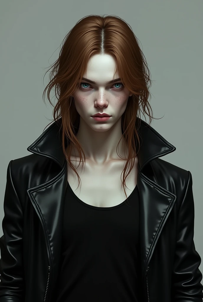 A guy with pale skin, freckles on his nose, a curved nose, thin and blue eyes, black eyebrows, long, straight, waist-length caramel-colored hair, a black tank top and a black leather jacket.