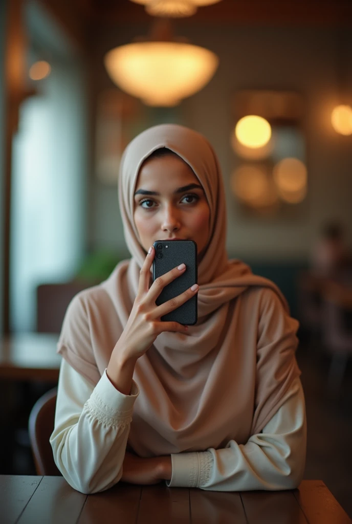 beautiful age indian fair girl in hijab, mirror selfie in a restaurant with phone, aesthetic and blurred face