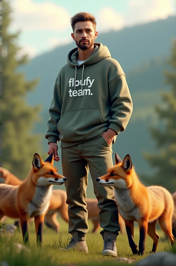 Homme avec écrit floufyteam avec des renard réaliste
