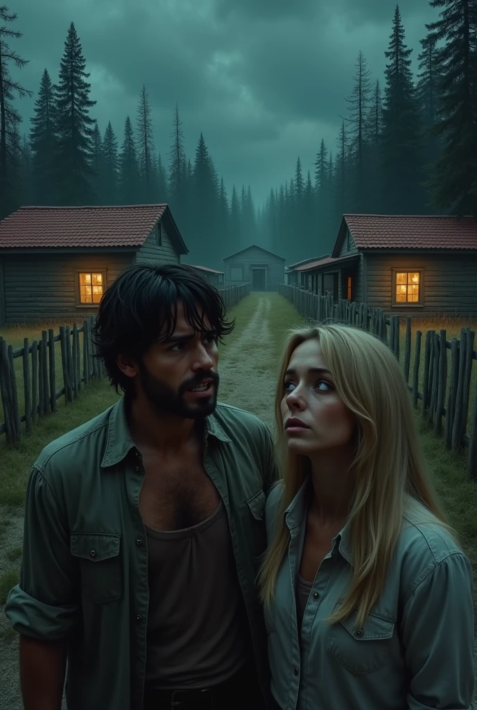 Generate a realistic, fear-inducing image set in a small, isolated village with an Old West aesthetic. The scene should be at night, with two people featured prominently from the torso up. The man has medium-length dark hair, a short beard, and a terrified expression. The woman has blonde hair and also shows a fearful expression. They stand in the foreground, surrounded by old, simple farmhouses with red ceramic-tiled roofs, two windows, and wooden fences that are uneven and worn. In the background, a dark, ominous forest encircles the village, heightening the sense of dread. The village itself is reminiscent of a Western setting, with a rustic and eerie atmosphere.