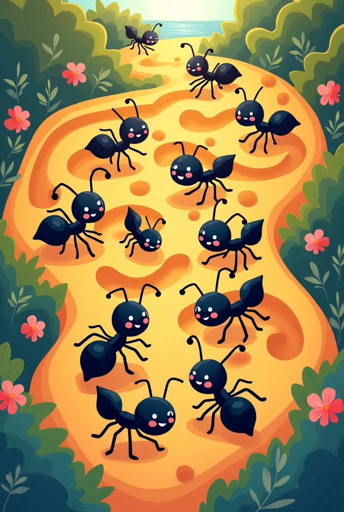 Black happy Ants maze, find the way puzzle, cartoon,