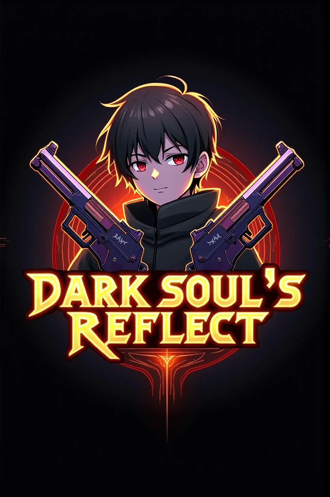 This is a gaming logo that features the name "DARK SOUL'S REFLECT" in a futuristic font and a neon Golden color. and Boy Anime avtar, The logo also has a stylized guns and  controller icon. The logo is designed to be attractive and eye-catching, and to appeal to gaming enthusiasts and