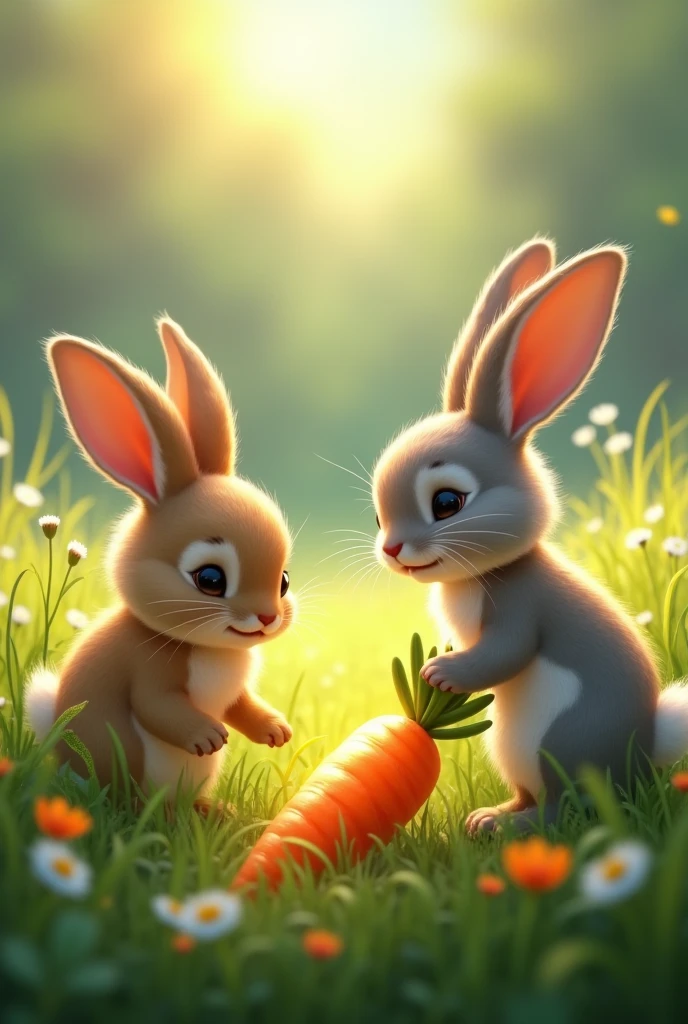 Hazel the male rabbit and Thistle the female Rabbit find a shimmering carrot half-buried in the grass from a far distance