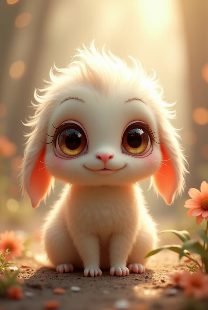 A small, cute creature with fluffy legs6The ears are drooping and there are four eyes.