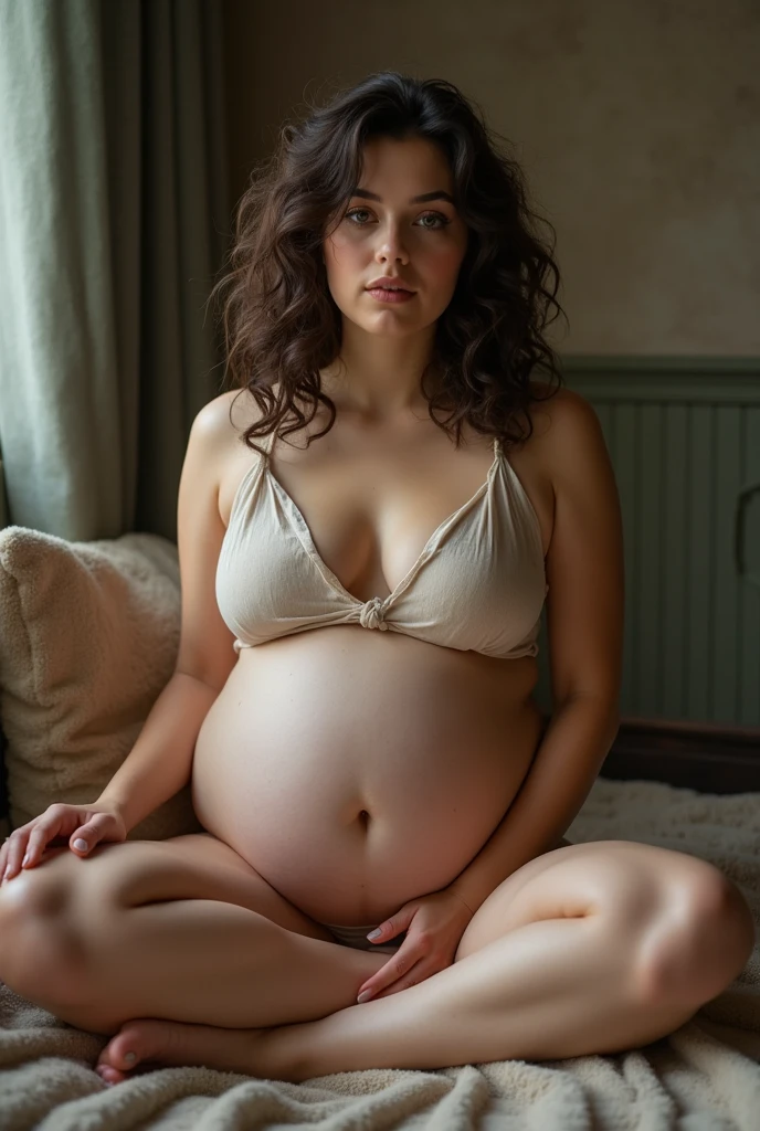 A brunette girl with curly hair and big breasts sits with her legs stretched out, taking a realistic photo