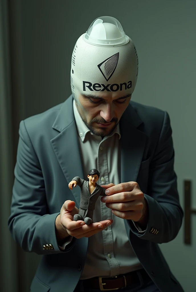 Man with Rexona head manipulating toy man
