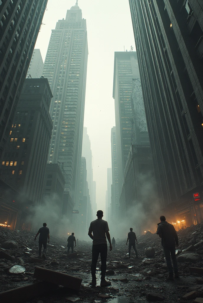 2024; (masterpiece, best quality) destroyed city (new York)People looking up.