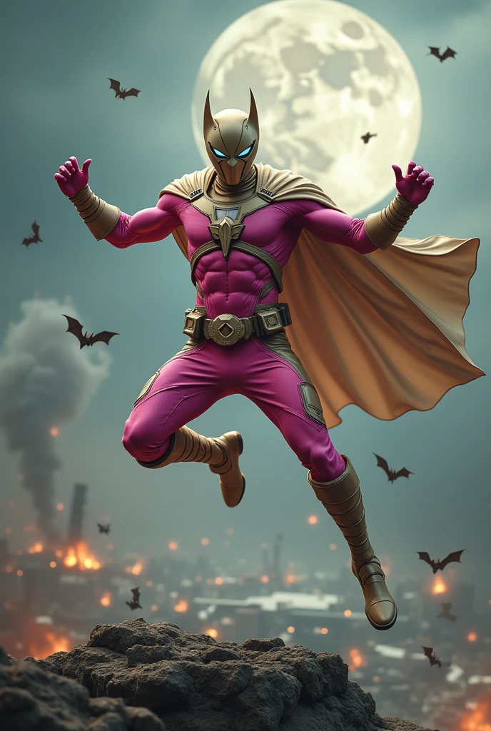 high-tech suit, vivid effects, malaysian superhero (KELUANG MAN) in a striking pink and beige costume cyberpunk design, mask small mini bat ear beige, daredevil biage mask, jumpsuit dark pink stands confidently in a dramatic.jumping from high place. Fighting pose , stormy landscape. ((Head covered node guard like batman , athletic body type, small mini ear bat mask))The character wears domino mask a helmet with pointed mini torn ears and a flowing cape biege, open nose and mouth. Equipped with visible futuristic weapons on a belt,bullet proof jacket pink dark day.show fingers pose, dark night, big supermoon effect . Sma.logo on chest triangle shape small punisher logo center triangle cyber logo center on chest pink logo mini logo . rocky. Building top.smoke ground , bomb effect background, adding to --ar 3:4 --style raw --stylize 500 --v 6.1. chaos. Lot of small flying bat