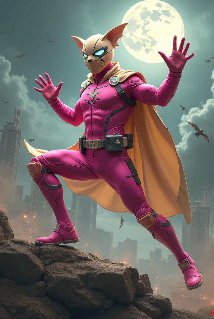 high-tech suit, vivid effects, malaysian superhero (KELUANG MAN) in a striking pink and beige costume cyberpunk design, mask small mini bat ear beige, daredevil biage mask, jumpsuit dark pink stands confidently in a dramatic.jumping from high place. Fighting pose , stormy landscape. ((Head covered node guard like batman , athletic body type, small mini ear bat mask))The character wears domino mask a helmet with pointed mini torn ears and a flowing cape biege, open nose and mouth. Equipped with visible futuristic weapons on a belt,bullet proof jacket pink dark day.show fingers pose, dark night, big supermoon effect . Sma.logo on chest triangle shape small punisher logo center triangle cyber logo center on chest pink logo mini logo . rocky. Building top.smoke ground , bomb effect background, adding to --ar 3:4 --style raw --stylize 500 --v 6.1. chaos. Lot of small flying bat