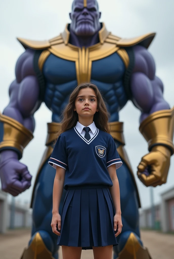 Create an image of a ager in a blue and white school uniform staring at Thanos in a third-person perspective