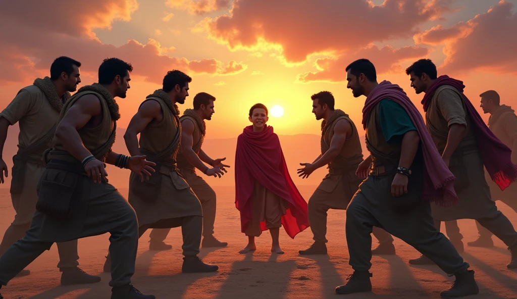 A group of brothers with expressions of anger and jealousy, looking for jose, who is dressed in a colorful cloak. The background is a barren desert at sunset, with shades of orange and purple. The composition should emphasize the tension between the brothers, with José in the center, showing confusion and sadness.