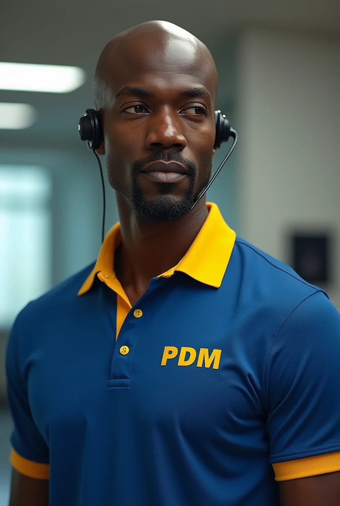 Make a tall black man an adult he is not strong , calvo, with a goatee. He is wearing a blue polo shirt with a yellow collar that says "PDM" Em seu peito. With a lapel plugged into his ear