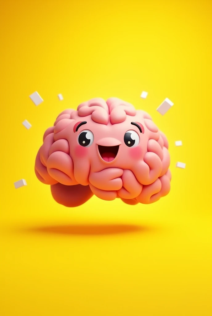 Cartoon Brain, yellow backdrop, floating, cuddly