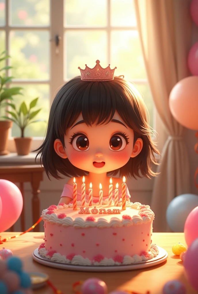 a beautiful young girl wearing a crown celebrating her birthday cutting a cake over which Happy Birthday Monam is written